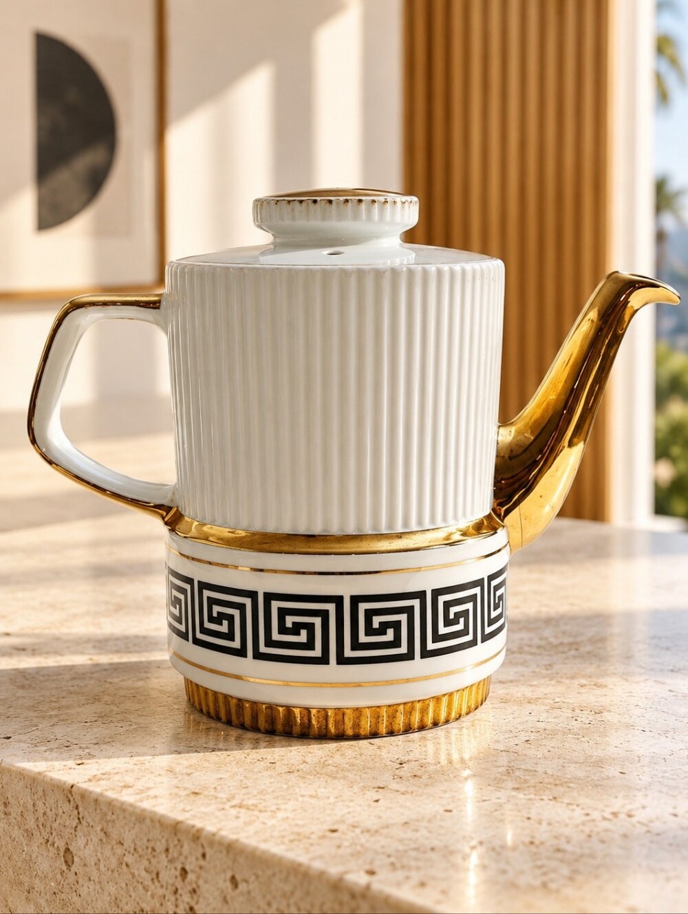 Vintage 1950s Gibsons England W792 Greek Key Gold Lustre Teapot MCM
